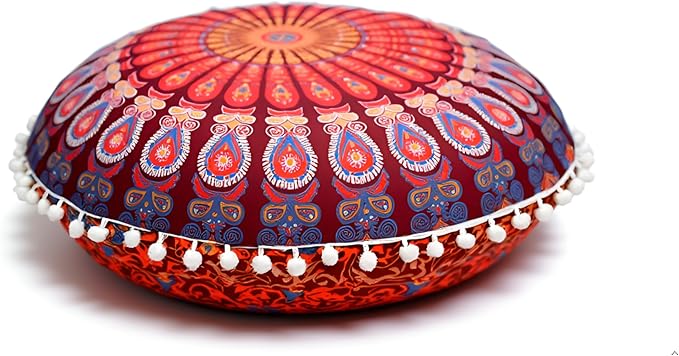 CRAFT KALA Round Mandala Floor Pillow Cover for Adults - Large Meditation Cushion Cover - Premium Outdoor Floor Pouf Cover Seat - Yoga Pillows Cover for Sitting On Floor 32" Maroon Mirchi