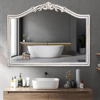 32x42 Inch Ornate Arched Wooden Wall Mirror, Rustic Farmhouse Decorative Mirror for Fireplace, Living Room, Bedroom, Entryway, Bathroom Over Sink