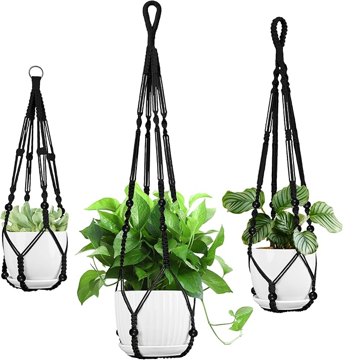 Macrame Plant Hanger - Fits 4 to 13 inches Pots for Indoor Outdoor, 35"/29"/23" Different Sizes Set, Black (POTS NOT Included)