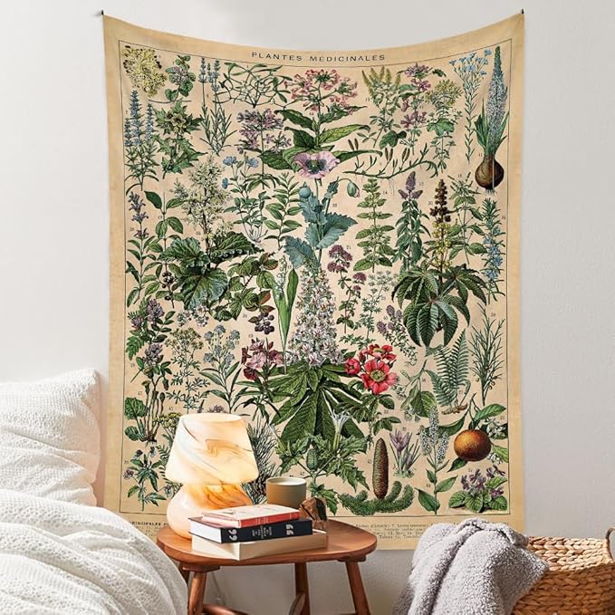 Vintage Flowers Tapestry 48”x36”, Long Vertical Wall Hanging Reference Illustrative Botanical Tapestries for Bedroom Aesthetic Floral Tapistry Botanical Plants Tapestry Wall Hanging Cute Bedroom Decor