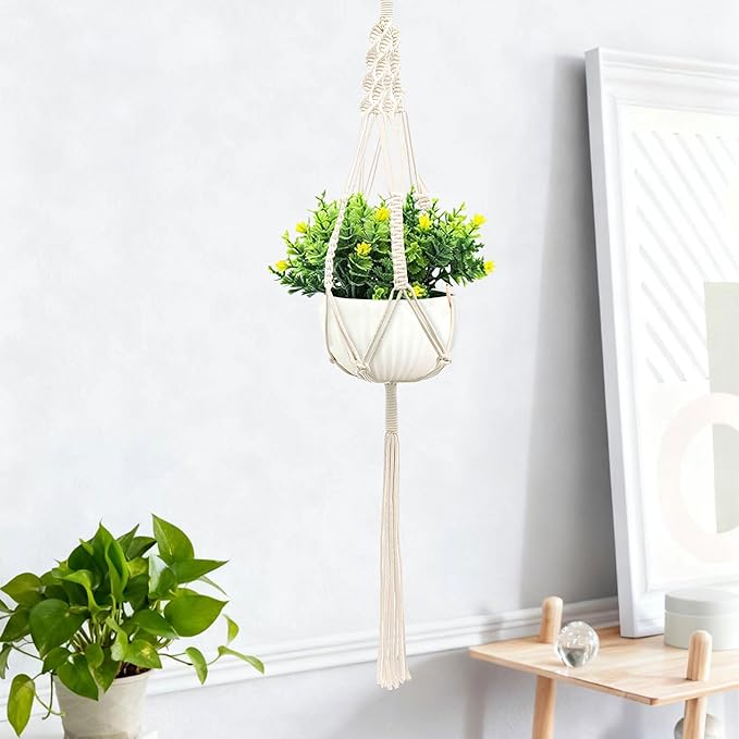 Macrame Plant Hanger, Hanging Planter Basket with Decorative Tassels, Decorative Flower Pot Holder for Indoor Outdoor Boho Home Decor, Set of 2 (Wooden Hanging Ring)