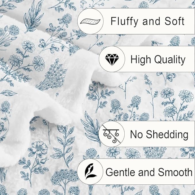 Floral Fuzzy Blanket Boho Floral Throw Blanket, Blue Botanical Flowers Blankets, Soft, Flannel, Warm, Rustic Flowers Bed Blankets All Season for Couch Bedroom Living Room 60X90 Inch