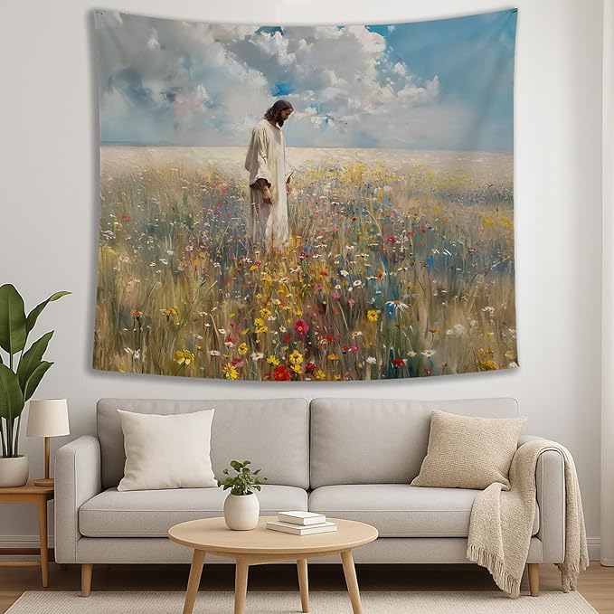 bitCNY Jesus Walking in Wildflower Field Tapestry – Christian Wall Art, Spiritual Home Decor, 50x60 Inch Fabric Hanging for Living Room Bedroom