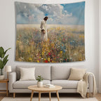 bitCNY Jesus Walking in Wildflower Field Tapestry – Christian Wall Art, Spiritual Home Decor, 50x60 Inch Fabric Hanging for Living Room Bedroom