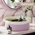 Woven Basket,Small Rope Storage Bin with Handles & Ribbon Bag, Organizer for Shelves Closets,Gift Basket Empty for Birthday,Books,Dog Toys, White&Purple/2 Pack
