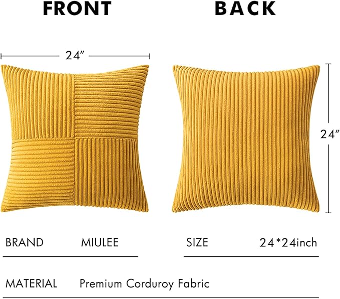 MIULEE Mustard Yellow Decorative Euro Sham Pillow Covers 24x24 Inch for Bed Couch Sofa Pack of 2 Boho Farmhouse Throw Pillows Soft Cross Corduroy Patchwork Textured Cushion Cases