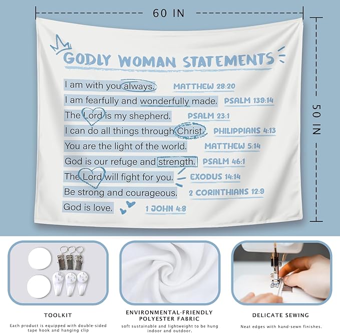 LIANGW Blue Bible Verses Christian Tapestry, Based Blue Room Decor Aesthetic, Inspirational Christian Tapestry for Women, Bible Aesthetic for Girls Bedroom for Dorm Room 50x60 Inch