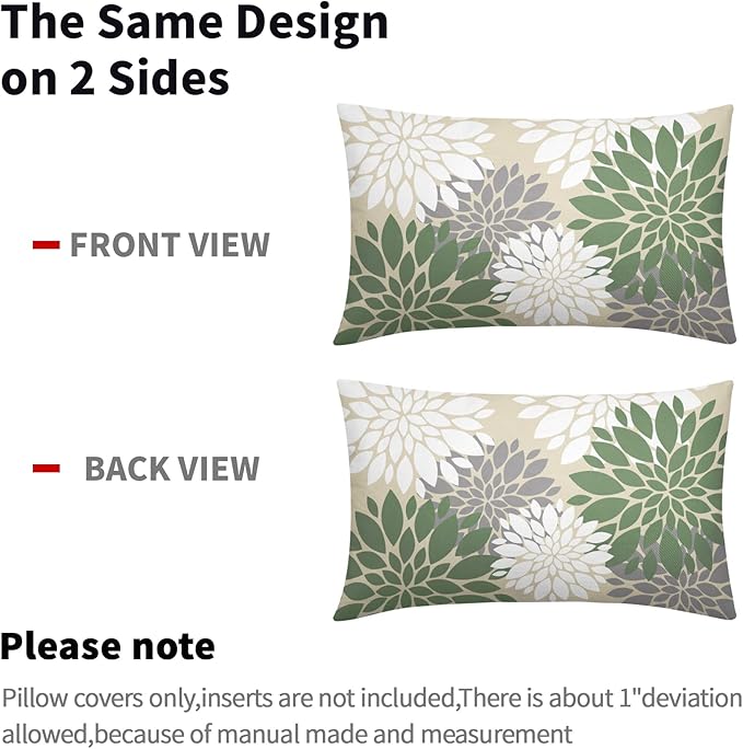 Sage Green White Grey Gray Pillow Covers 12X20 Inch Set of 2, Spring Modern Dahlia Floral Print Decorative Rectangle Throw Pillow Covers Outdoor Farmhouse Cushion Case for Couch Sofa Bed Decor