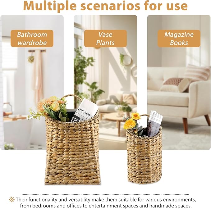 2 Pack Woven Hanging Basket Set, Wicker Wall Baskets Handmade Seagrass Planters for Front Door, Garden, Farmhouse Home Decor