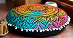 Round Mandala Floor Pillow Cover Seating Cushion Throw Cover Hippie Decorative Bohemian Ottoman Pouf Cover, Pom Pom Pillow Cases,Boho Indian 22 Inches (Multi Flower)