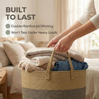115L Extra Large Blanket Basket for Living Room - Woven Cotton Rope Laundry Hamper with Reinforced Handles - Storage Bin for Pillows, Comforters & Toys - Machine Washable,Jute&Black