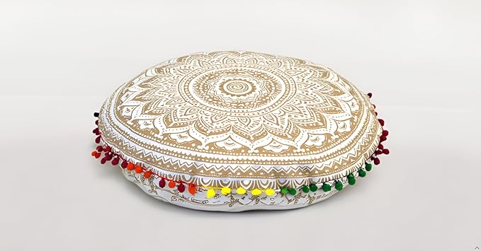 CRAFT KALA 22" Round Mandala Boho Pillow Cover Meditation Room Seating Poufs Cover for Living Room Yoga Room Home Bedroom Balcony Garden Party Decoration Cotton Floor Cushion Cover (White Gold Ombre)