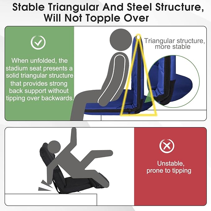 Stadium Seats Cushion for Bleachers with Strong Back Support, Folding Bleacher Seat with 20In Wide Cushion, 4LBS Lightweight, 6 Reclining Positions, Multifunctional Floor Chair for Indoor or Outdoor