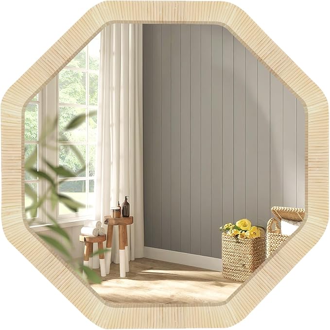 ULIKE Rattan Wicker Mirror for Wall,Boho Woven Bathroom 24 Inch Rustic Farmhouse Wall Decor with Handmade Rattan Frame, Boho Mirror for Nursery Bedroom Living Room Entryway