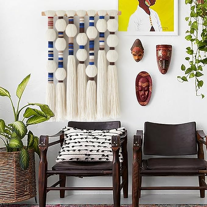 Flber Macrame Wall Hanging Woven Blue Handmade Cotton Yarn with Ball-shaped Tassels Geometric Boho Wall Decor for Bedroom & Living Room 15.7" Wx 21.6" L