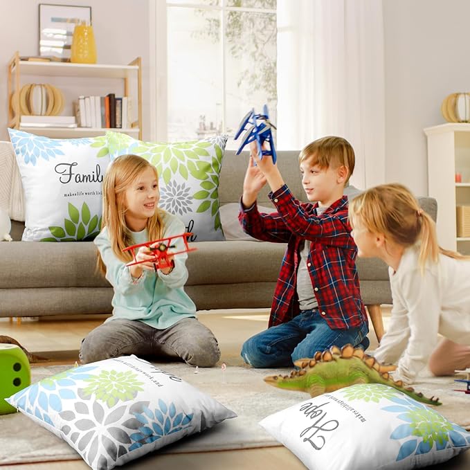 Tatuo 4 Pcs Flower Pillow Covers Square Spring Pillow Cushion Cases 18 x 18 Inch Family Faith Hope Love Words Decorative Summer Winter Cushion Case for Bed Couch Sofa Living Room(Green Series)