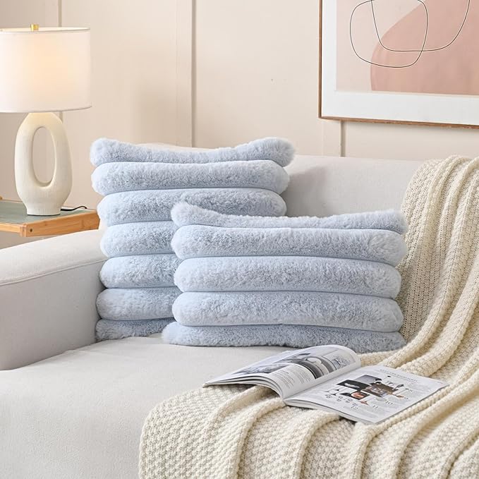 FUTEI Light Blue Decorative Throw Pillow Covers 26x26 Inch Set of 2, Square Soft Faux Rabbit Fur Thick Striped Euro Pillow Shams,Spring Home Decor for Couch Bed Living Room