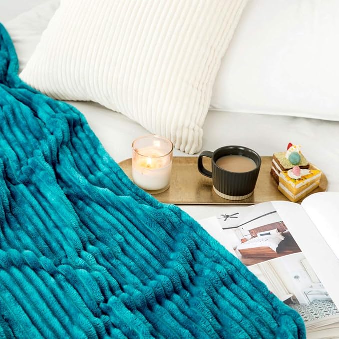 MIULEE Fleece Throw Blanket for Couch 300GSM Super Soft Lightweight Plush Striped Blanket, Teal Blue Warm Cozy Breathable Ribbed Flannel Blanket for Bed/Sofa, Twin Size 60"x80", Turquoise