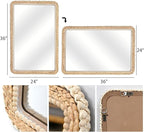 FUIN 24x36 Large Wall Mirror, Wood Frame with Braided Seagrass and Wooden Bead, Vertical & Horizontal Coastal Mirror for Bathroom