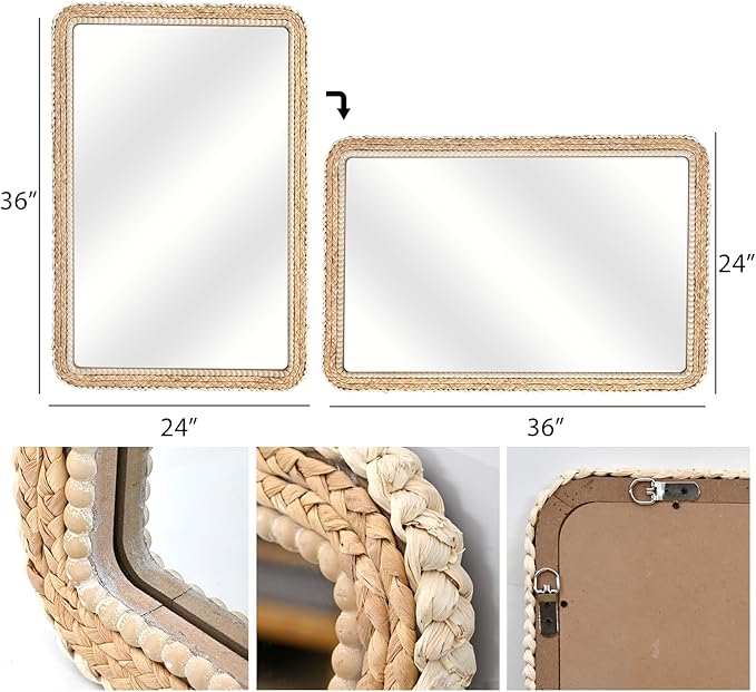 FUIN 24x36 Large Wall Mirror, Wood Frame with Braided Seagrass and Wooden Bead, Vertical & Horizontal Coastal Mirror for Bathroom