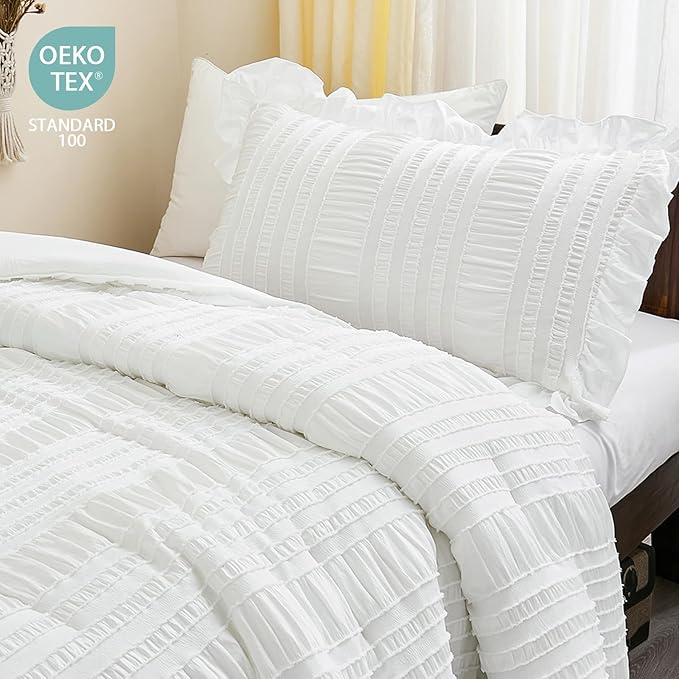 WONGS BEDDING White Comforter Set Twin, 3 Pieces Ruffle Shabby Chic Comforter for Dorm Room Essentials for Twin Bed, Soft Seersucker Bedding Set with 1 Ruffle Comforter, 2 Tufted Pillowcases 86"×68"