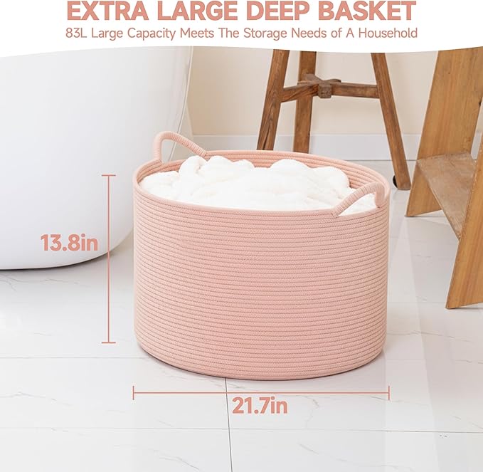 CLHMILY&Z Round Cotton Rope Storage Basket in Living Room, Bedroom, Laundry Room for Toy, Clothes, Blanket, Pillow (Pink, XLarge(14.2"x22"))