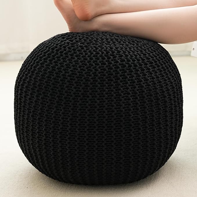 Pouf Ottoman Stuffed Round Modern Foam Filled Foot Rest Poufs for Living Room Chair Decorative 20 X 14 Inches Boho Relax Stool for Wedding Christmas Party, (Black, 20 Inch)