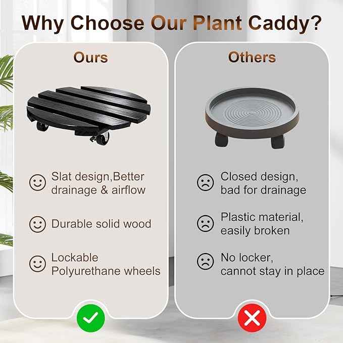 2 Pack Plant Caddy with Wheels 13'' Rolling Plant Stand Indoor Outdoor, Heavy Duty Wooden Plant Stand with Wheels 300Lbs Capacity with 360°Lockable Rolling Base for Pot, Planter, Tray, Patio