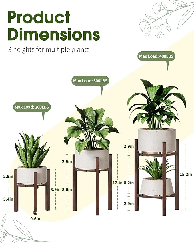 3 Pack Plant Stand Indoor Adjustable, Metal Modern Indoor Plant Stand, Heavy Duty Single Plant Stands Outdoor Corner, Stable Plant Holder Indoor Stand, Fits 8 to 12 Inches Pots, Walnut Wood-Grain