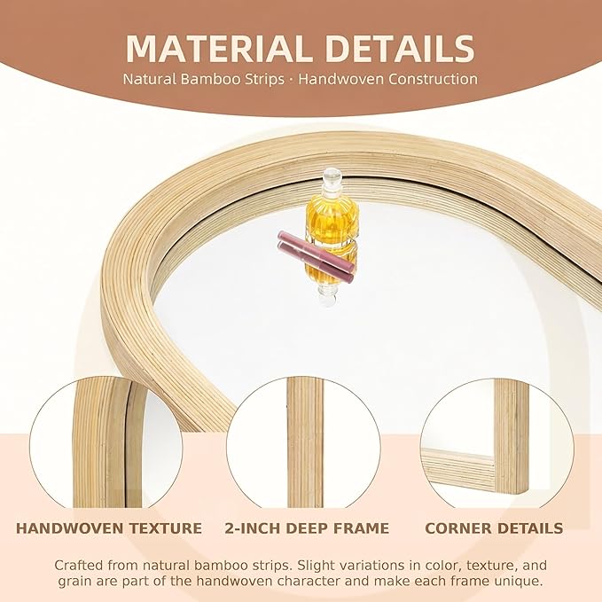 24" x 36" Arched Wall Mirror, Handwoven Natural Bamboo (Warm Tone) Strip Frame, 2-Inch Deep Textured Design, Boho Coastal Mirror for Entryway, Bedroom, Living Room, Vertical Hanging