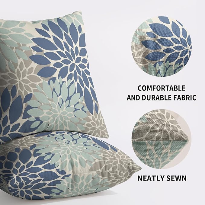 Blue Aqua Tan Pillow Covers 18X18 Inch Set of 2, Spring Summer Floral Dahlia Flower Cream Decorative Throw Pillow Covers Outdoor Modern Farmhouse Cushion Case for Home Couch Sofa Bed Decor