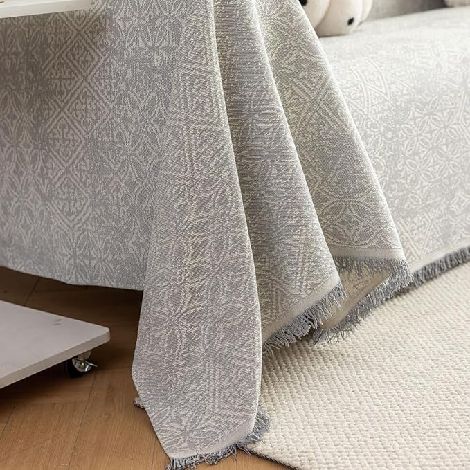 ROOMLIFE Gray Couch Cover Boho Sofa Covers for 3 Cushion Couch Washable, Furniture Protector Sofa Couch Cover for Dogs, Soft Breathable Sofa Slipcover, Couch Throw Blankets with Tassels 71''X118''