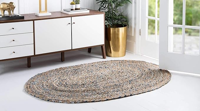 Unique Loom Braided Chindi Collection Casual Modern Blue Oval Rug (4' 0 x 6' 0), Blue/Natural