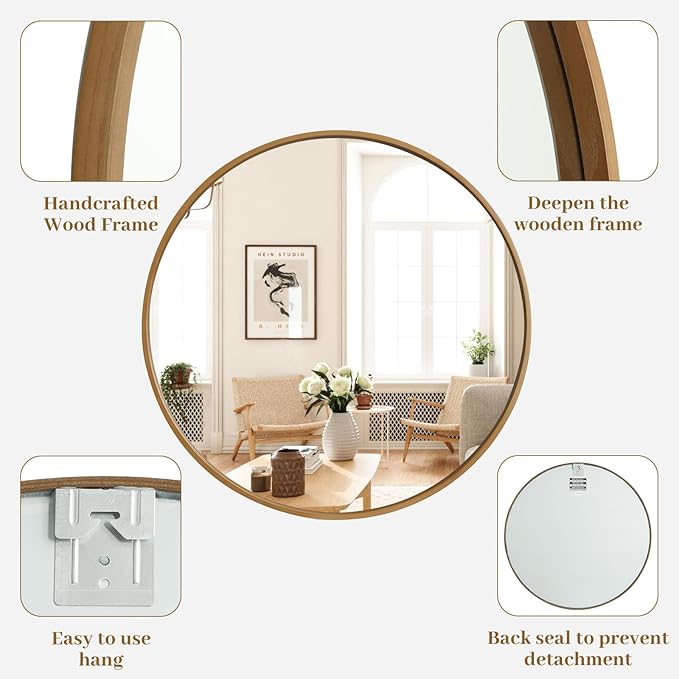 WallBeyond Round Wood Mirror, 36" Round Modern Decoration Large Circle Wall Mirror for Bathroom Living Room Bedroom Entryway, Natural