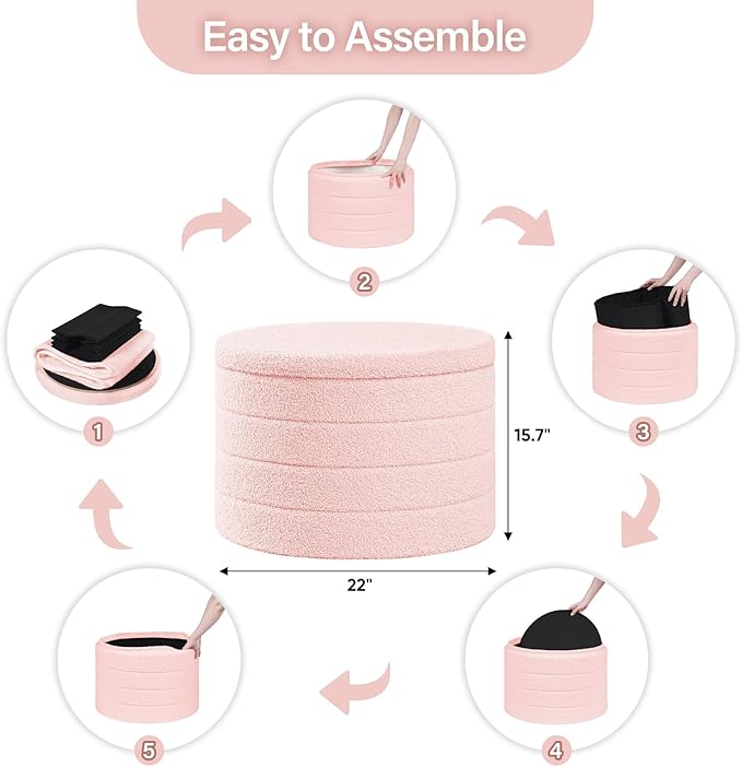 B FSOBEIIALEO Ottoman with Stroage, Round Sherpa Storage Ottoman Stool, Boucle Foot Rest22 x 22"x15.75" (Pink