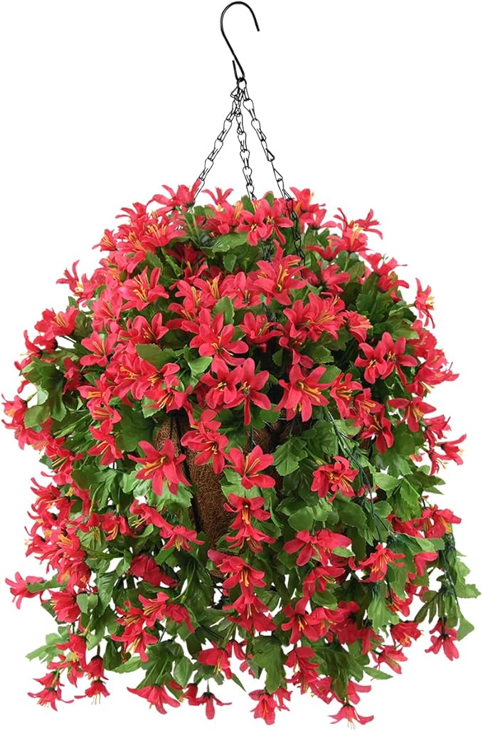 INQCMY Artificial Fake Hanging Plants Flowers Basket for Spring Summer Outdoor Outside Porch Decoration,UV Resistant Faux Silk Violet in Planter for Home Patio Balcony Garden Yard Decor(Red)