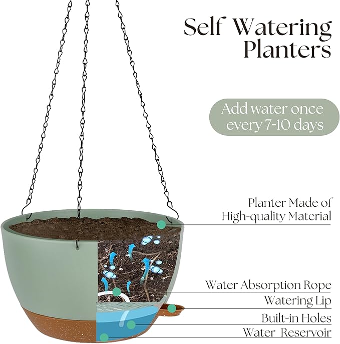 Hanging Plant Pots 12 inch Set of 2, Self Watering Hanging Planters with Drainage Holes, Indoor Outdoor Plastic Flower Pots with Hanging Chains for Balcony, Porch, Garden, Home Décor, Green