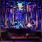Racunbula Blacklight Fantasy Forest Tapestry UV Reactive Galaxy Space Moon Tapestry Trippy Pine Trees Wall Tapestries Nature Landscape Mountain River Tapestries Wall Hanging for Bedroom