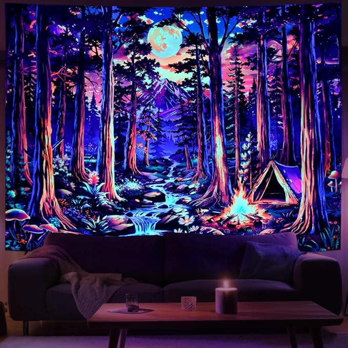 Racunbula Blacklight Fantasy Forest Tapestry UV Reactive Galaxy Space Moon Tapestry Trippy Pine Trees Wall Tapestries Nature Landscape Mountain River Tapestries Wall Hanging for Bedroom