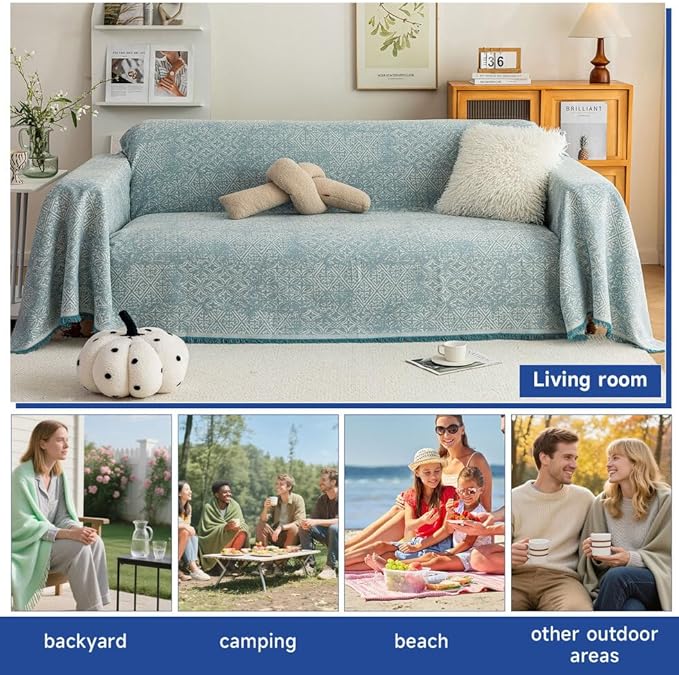 ROOMLIFE Blue Couch Cover Boho Sofa Covers for 3 Cushion Couch Washable, Furniture Protector Sofa Couch Cover for Dogs, Soft Breathable Sofa Slipcover, Couch Throw Blankets with Tassels 71''X118''