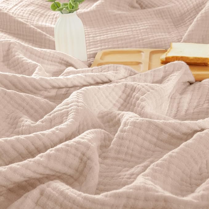 PHF 100% Cotton Muslin Blanket King Size 108"x90", 4-Layer Lightweight Gauze Throw, Breathable Cloud-Soft Minimalist Blanket for Bed, Couch, Camping & Baby, Dusty Pink, Ideal Gift