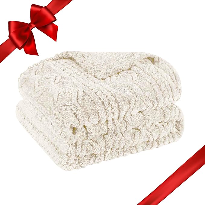 Superior Fleece Boho Jacquard Blanket, Decorative Blankets for Bedroom, Sofa, Fuzzy, Plush, Fluffy, Soft, Cute Room Decor, Beautiful Cover, Comfort Essentials, Arctic Collection, Throw, Ivory