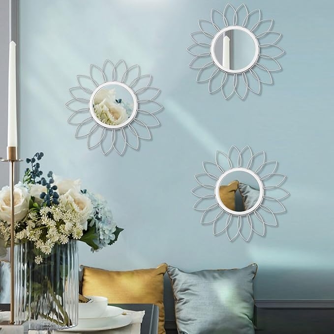 3 Pack Metal Mirrors for Wall Sunburst Wall Mirrors Home Décor Decorative Hanging Wall Art for Living Room Bedroom Entryway (Silver, Flowers)