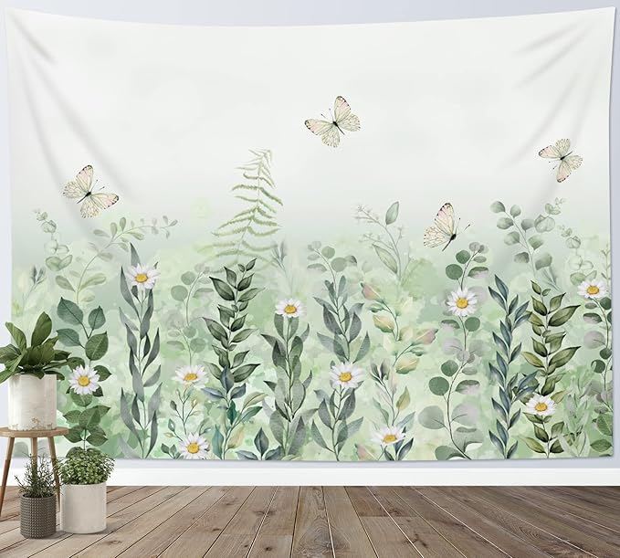 EOBTAIN Sage Green Leaves Tapestry Eucalyptus Leaf Botanical Plant Vintage Daisy Flowers Butterfly Floral Tapestries Simple Cottagecore Aesthetic Tapestry Wall Hanging Living Room Bedroo Dorm 59Wx51H