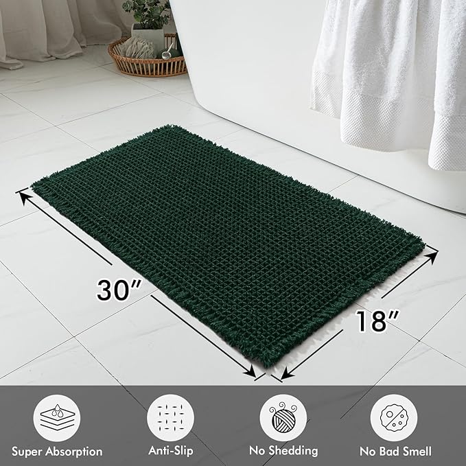 MIULEE Dark Green Set of 2 Waffle Bathroom Rugs, Boho Bath Rugs Non Slip Washable, Super Absorbent Bath Mats, Ultra Soft Rubber Backed Shower Mats for Bathroom Floor, Tub, 18x30 Inch