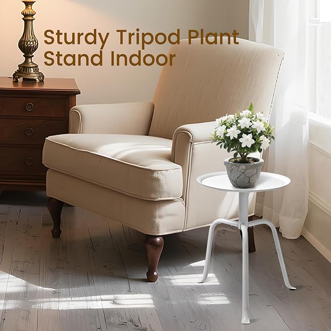 Plant Stand Indoor Outdoor, 11'' Round Black Mid Century Single Plant Table, 3-Leg Small Metal Plant Holders Flower Pot Stand, Modern Round Small Side End Table with Raised Design (White)