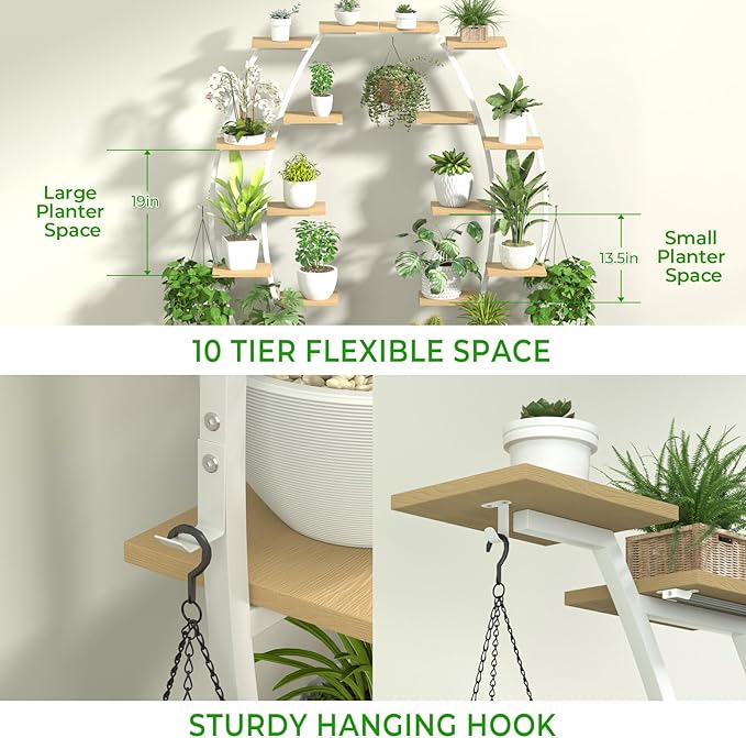 Plant Stand Shelf Rack Indoor with 8 Built in Grow Light, 10 Tiered 65" Tall White Large Lighted Half Moon Curved Plant Stand for Indoor Growing, 2 Pack Arch Sturdy High Herb Shelving
