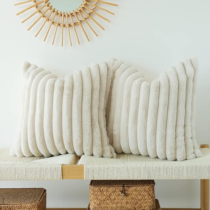 JOJUSIS Pack of 2 Faux Fur Plush Decorative Throw Pillow Covers For Home, Couch Cushion Case Soft Solid Pillowcases (Beige, 20 x 20-Inch)