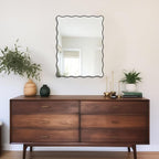 Black Wavy Mirror Whit Wood Frame, 18" x 24" Small Rectangle Boho Mirror for Nursery Wall Decor, Bathroom Vanity, Bedroom, Living Room, Entryway