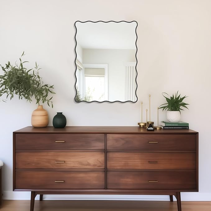 Black Wavy Mirror Whit Wood Frame, 18" x 24" Small Rectangle Boho Mirror for Nursery Wall Decor, Bathroom Vanity, Bedroom, Living Room, Entryway